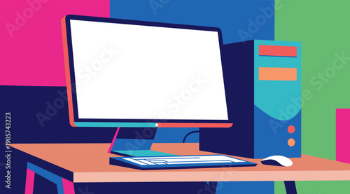 Desktop computer displaying blank screen on office desk