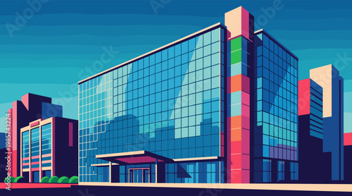 Glass office building reflecting urban skyline in daylight setting