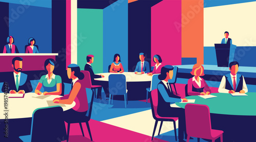 Business meeting participants seated at round tables in conference