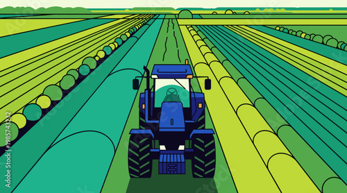 Tractor driving through cultivated agricultural fields under clear sky