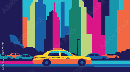 Yellow taxi driving along city street with tall skyscrapers