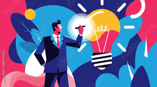 Businessman presenting idea with light bulb in abstract office