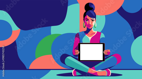 Young woman holding blank tablet while seated on colorful abstract background