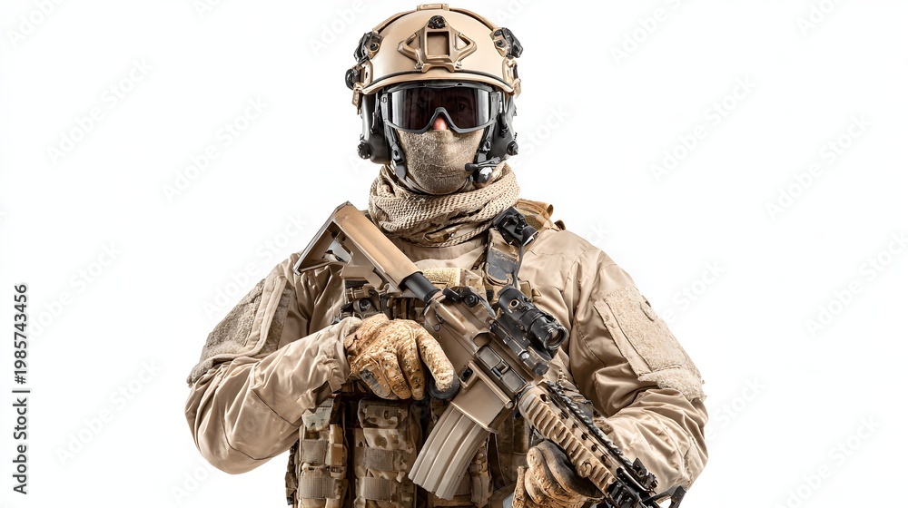 Naklejka premium Sure! Here's a short, friendly, and informal version for you:Guard gear with helmet and assault rifle, ready for action, on plain white backdrop