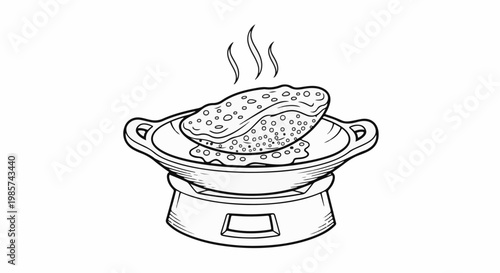 A steaming, bubbly flatbread cooks on a hot plate