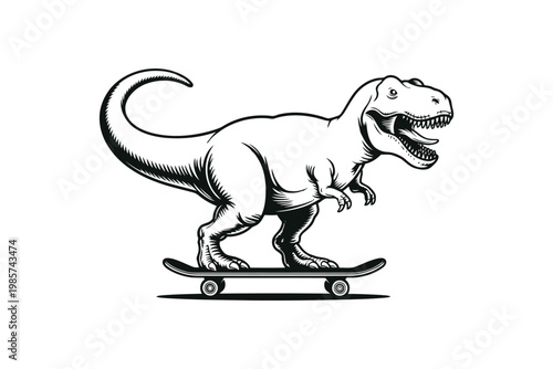 Trex dinosaur on skateboard vector illustration with woodcut engraving technique.