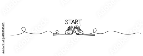 Running shoes at starting line on simple line background. No editable stroke