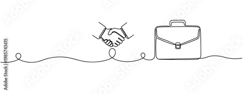 Handshake occurring beside briefcase on flat line background. No editable stroke