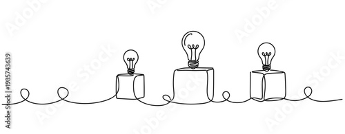 Light bulbs standing on pedestals linked by continuous line illustration. No editable stroke