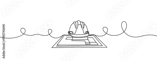 Construction hard hat resting on blueprint in continuous line art. No editable stroke