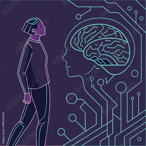 Person gazing at digital outline of human brain on circuit board with artificial