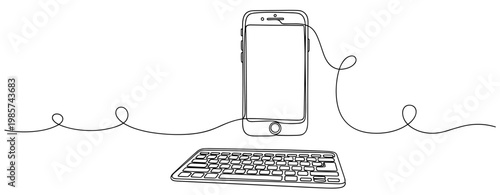 Smartphone connected to keyboard on continuous line background. No editable stroke