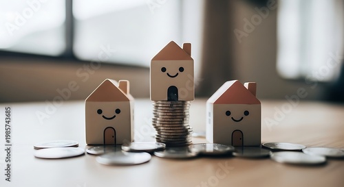 Wooden house figurines on coins a symbol of homeownership and financial stability