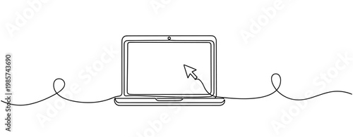 Laptop showing cursor arrow on blank screen in minimal line. No editable stroke