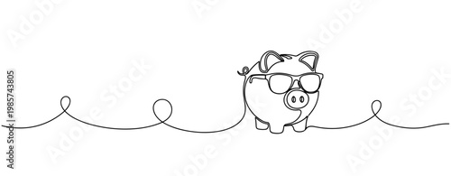 Piggy bank wearing sunglasses in continuous line on white background. No editable stroke