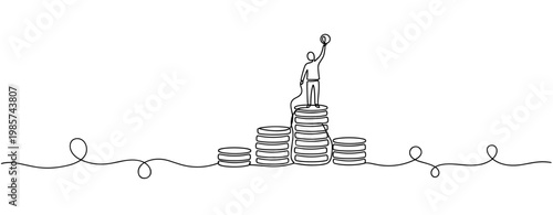 Person celebrating on coin stacks in minimal line art background. No editable stroke