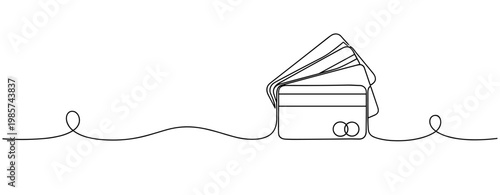 Credit cards fanned on continuous line minimalist background. No editable stroke