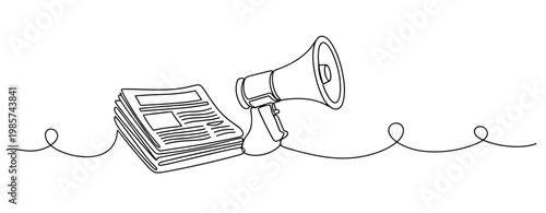 Newspaper stack with megaphone positioned on continuous line. No editable stroke
