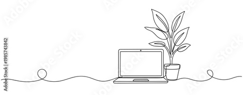 Laptop with potted plant sitting on continuous line workspace. No editable stroke