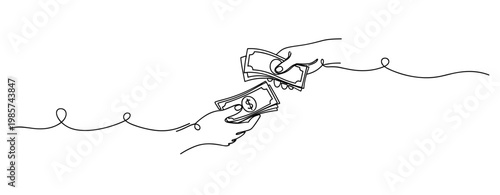Hands exchanging money in continuous line drawing on white background. No editable stroke
