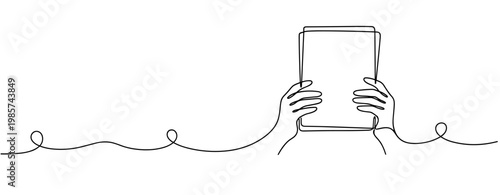Hands holding tablet connected by continuous line drawing. No editable stroke