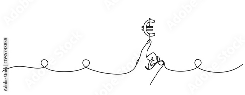 Hand holding euro symbol on continuous line minimalist background. No editable stroke
