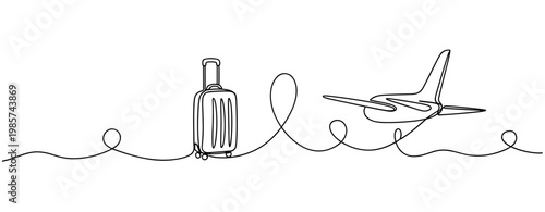 Suitcase rolling connected to airplane outline on white. No editable stroke