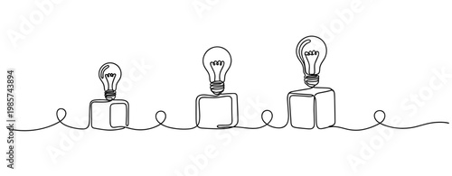 Three light bulbs glowing above cube pedestals on continuous line. No editable stroke