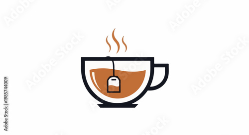 A steaming cup of tea with a tea bag and brown liquid