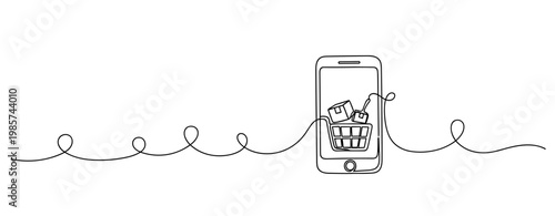 Mobile phone showing shopping cart with packages in line drawing. No editable stroke
