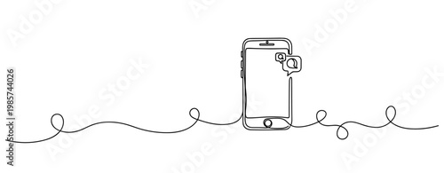 Smartphone receiving messages on minimal line background. No editable stroke