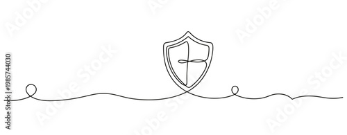 Protective shield with cross symbol on continuous line background. No editable stroke
