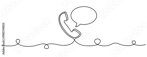 Telephone handset with speech bubble positioned on continuous line. No editable stroke