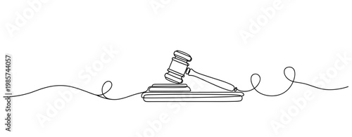 Gavel resting on sound block in minimal line illustration. No editable stroke