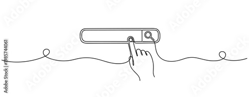 Hand tapping search bar interface on white background. No editable stroke