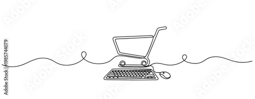 Shopping cart positioned above keyboard and mouse on desk line art. No editable stroke