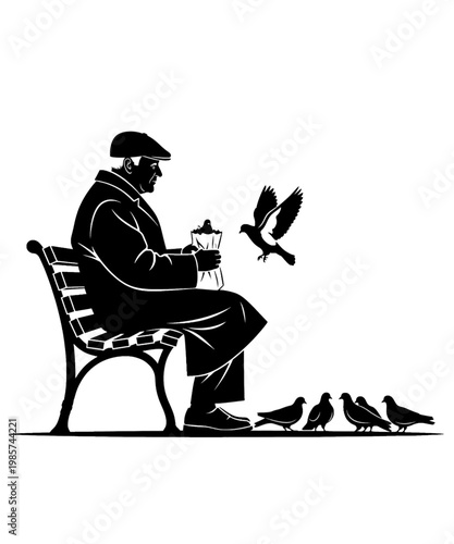 elderly man feeding pigeons on park bench flat design vector illustration