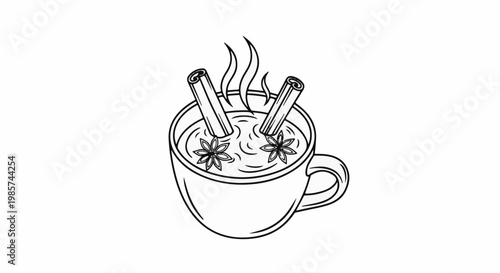 A steaming mug of spiced beverage with cinnamon sticks and anise