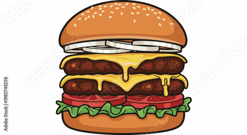 A tall, double cheeseburger with toppings