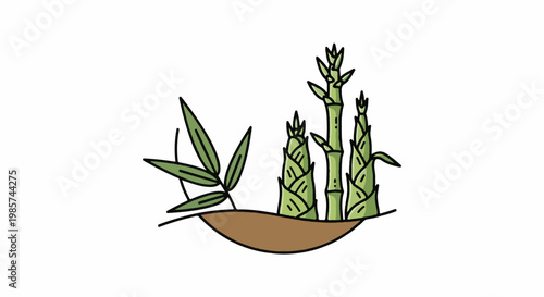A stylized drawing of young bamboo shoots emerging from brown soil, with leaves