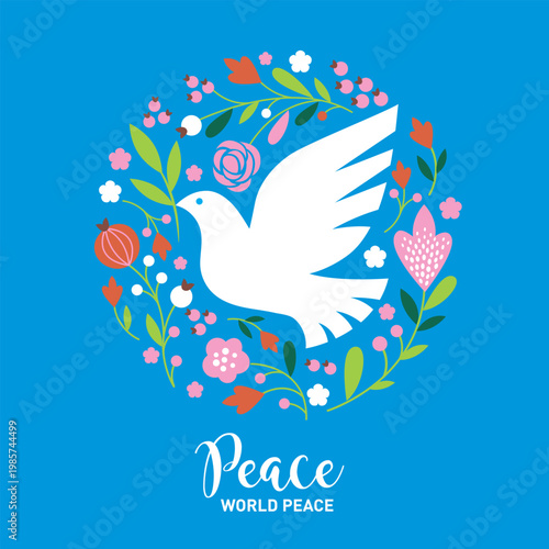 Dove of peace and flowers. Symbol of peace