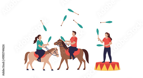 Circus Performers with Juggling Balls and Horses in Round Arena