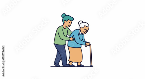 A younger person assists an elderly person using a walking cane