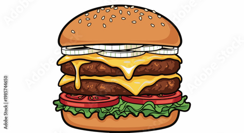 A tall, double-patty hamburger with melted cheese, onions, tomatoes, and lettuce