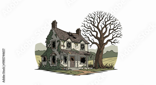 Abandoned overgrown house with bare tree in desolate landscape