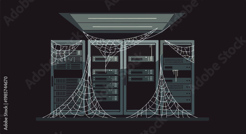 Abandoned server racks draped in cobwebs in a dark room