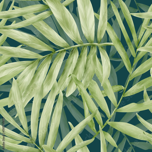 Palm leaves, seamless pattern. Watercolor illustration. The drawing is made by hand, the leaves of tropical trees on a green background.