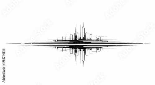Abstract black and white sketch of a symmetrical, horizontally expanding city skyline