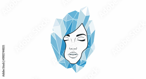 A stylized face emerges from a faceted blue crystal formation