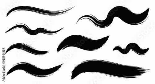 Abstract black brush strokes and wavy lines on a white background